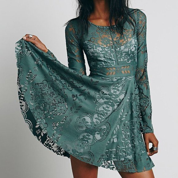 Free People Dresses & Skirts - Free People Lace Lovers Folk Song Green LS Dress